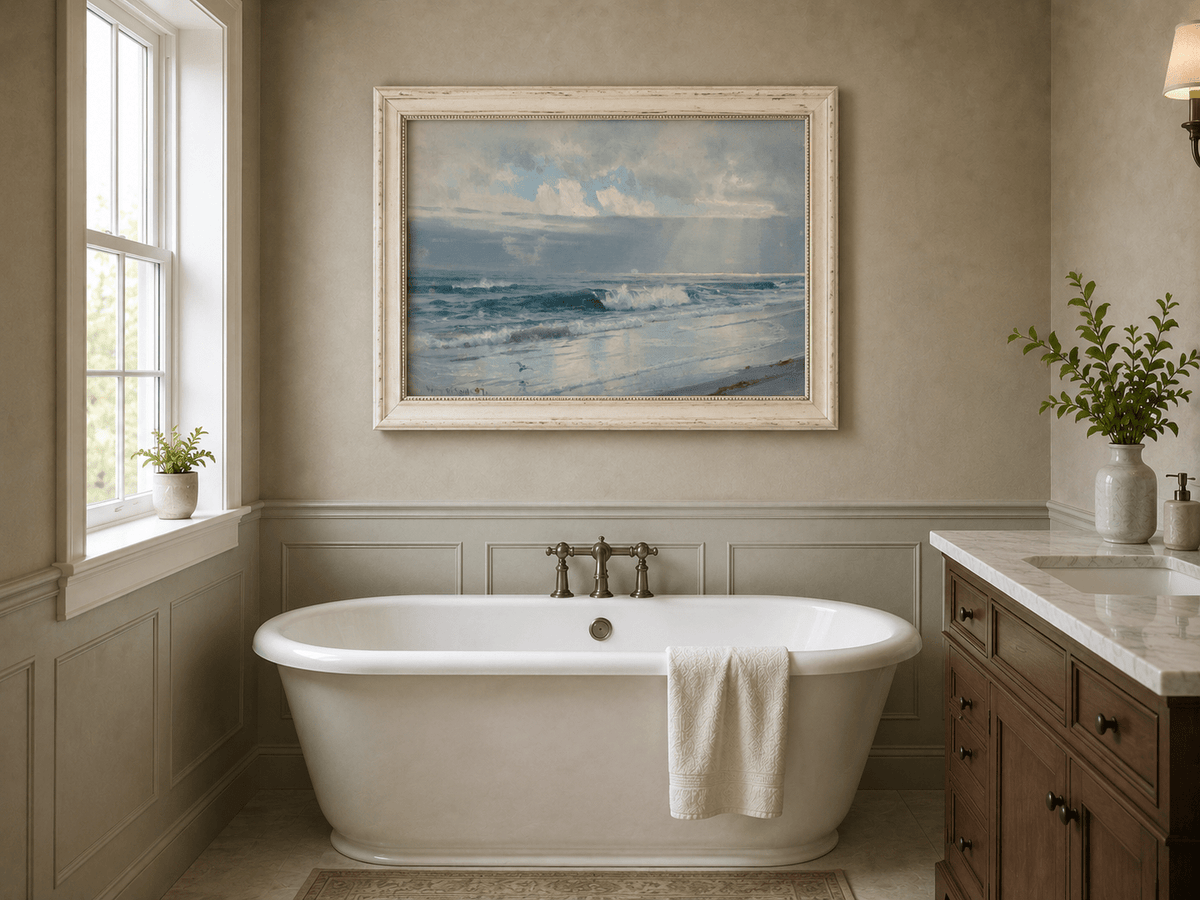 Framed hand-painted beach oil painting with crashing waves beneath cloudy seaside skies displayed above a freestanding bathtub.