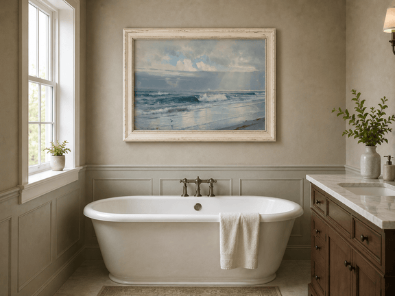Framed hand-painted beach oil painting with crashing waves beneath cloudy seaside skies displayed above a freestanding bathtub.