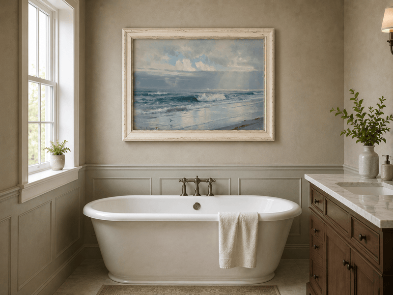 Framed hand-painted beach oil painting with crashing waves beneath cloudy seaside skies displayed above a freestanding bathtub.
