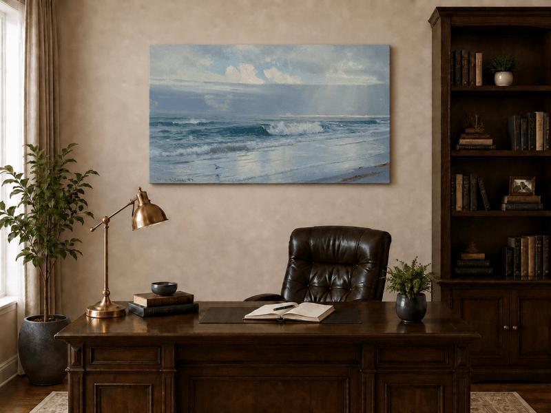 Unframed hand-painted beach oil painting with crashing waves beneath cloudy seaside skies displayed above a traditional home office desk.