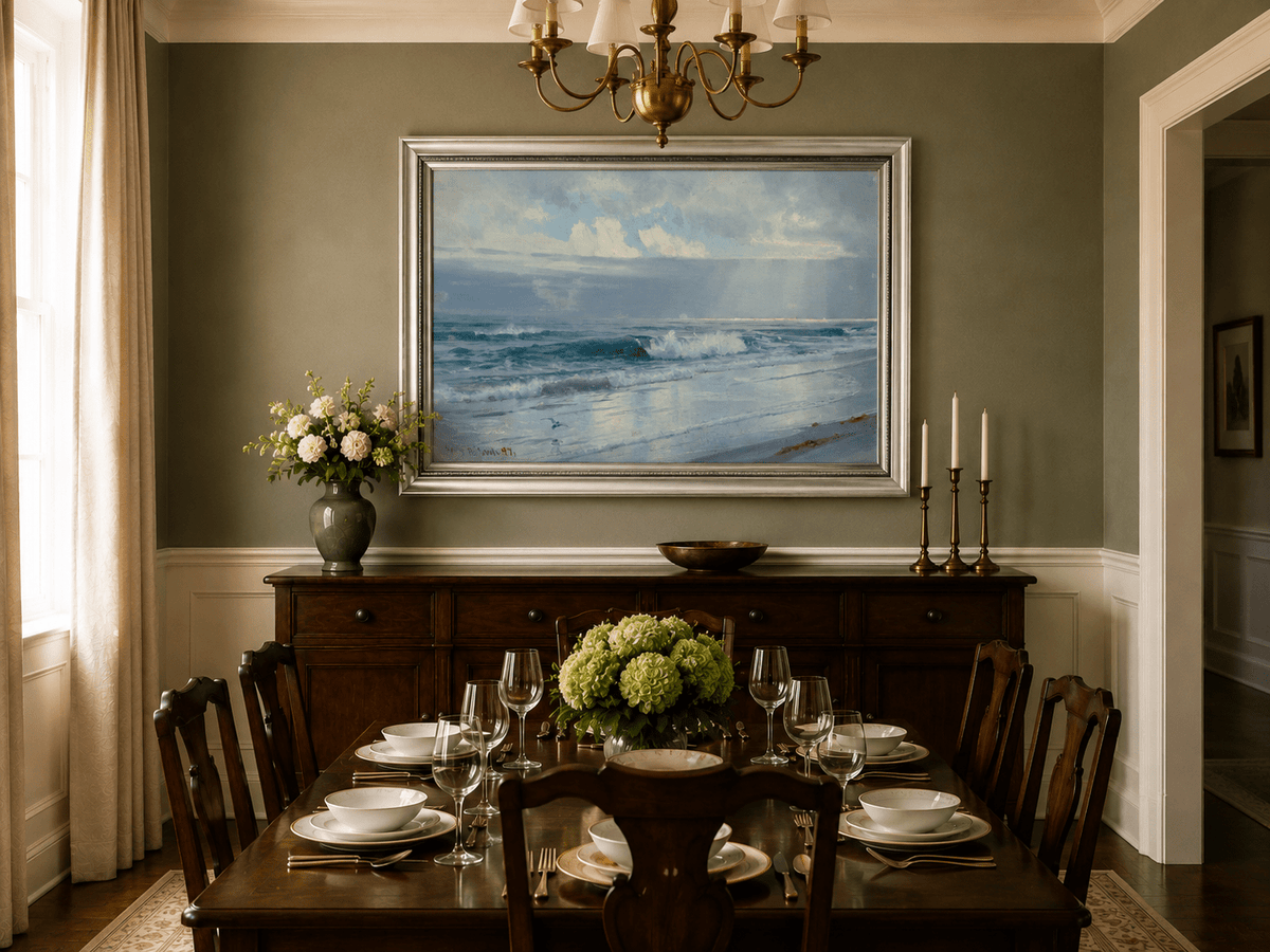 Framed hand-painted beach oil painting with crashing waves beneath cloudy seaside skies displayed above a formal dining table.