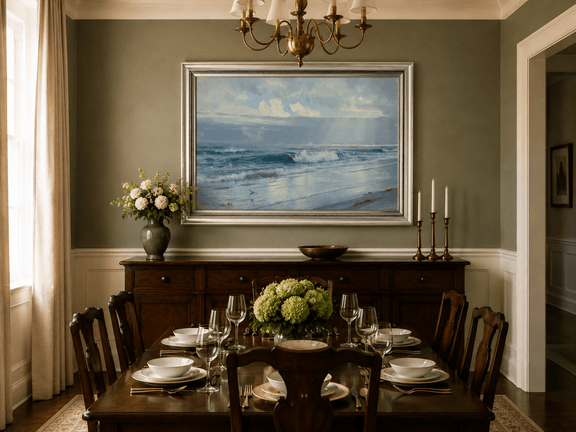 Framed hand-painted beach oil painting with crashing waves beneath cloudy seaside skies displayed above a formal dining table.