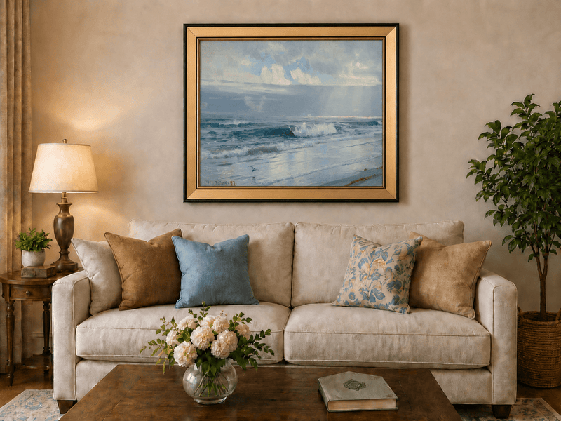 Framed hand-painted beach oil painting with crashing waves beneath cloudy seaside skies displayed above a neutral living room sofa.