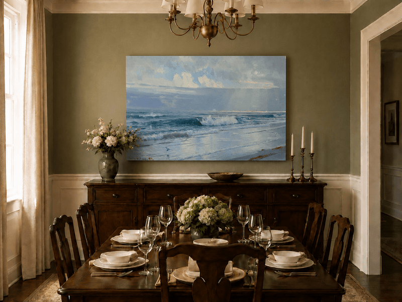 Unframed hand-painted beach oil painting with crashing waves beneath cloudy seaside skies displayed above a formal dining table.