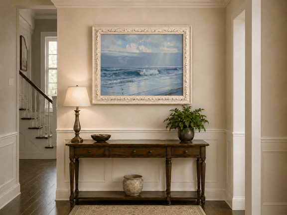Framed hand-painted beach oil painting with crashing waves beneath cloudy seaside skies displayed above an entryway console table.