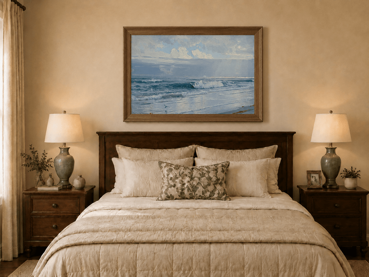Framed hand-painted beach oil painting with crashing waves beneath cloudy seaside skies displayed above a wooden bed in a neutral bedroom.