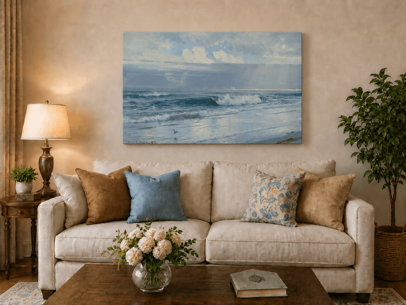 Unframed hand-painted beach oil painting with crashing waves beneath cloudy seaside skies displayed above a neutral living room sofa.