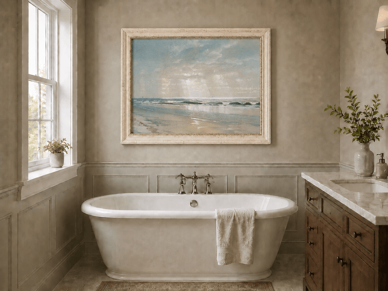 Landscape Oil Painting - Beach, Gentle Waves, Soft Sky & Distant