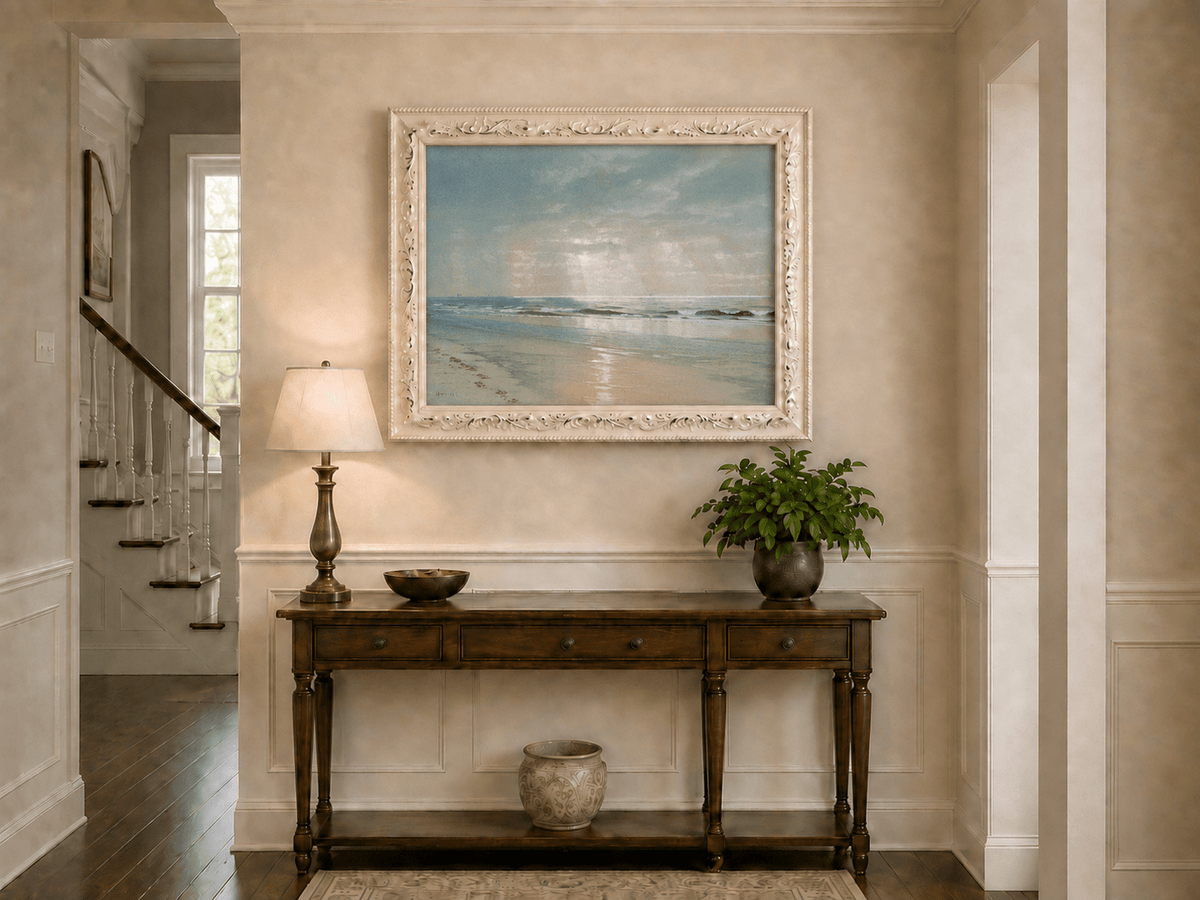 Landscape Oil Painting - Beach, Gentle Waves, Soft Sky & Distant
