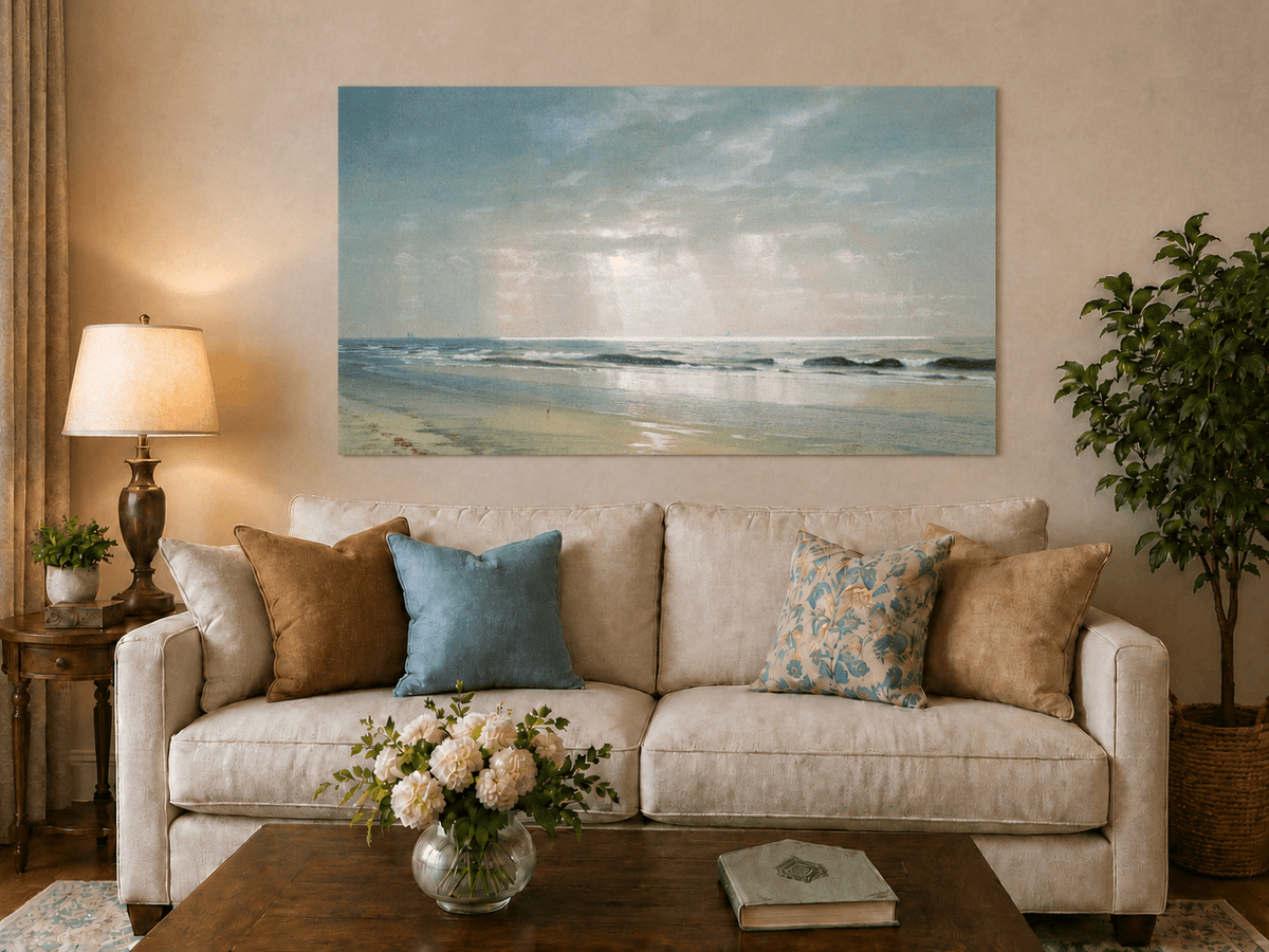 Landscape Oil Painting - Beach, Gentle Waves, Soft Sky & Distant