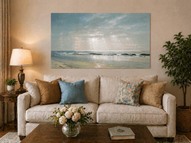 Landscape Oil Painting - Beach, Gentle Waves, Soft Sky & Distant