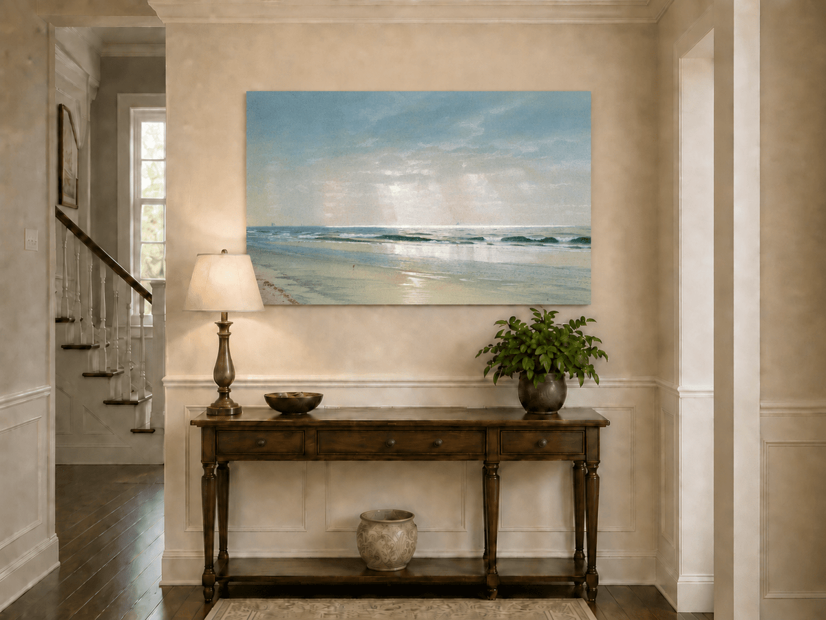 Landscape Oil Painting - Beach, Gentle Waves, Soft Sky & Distant