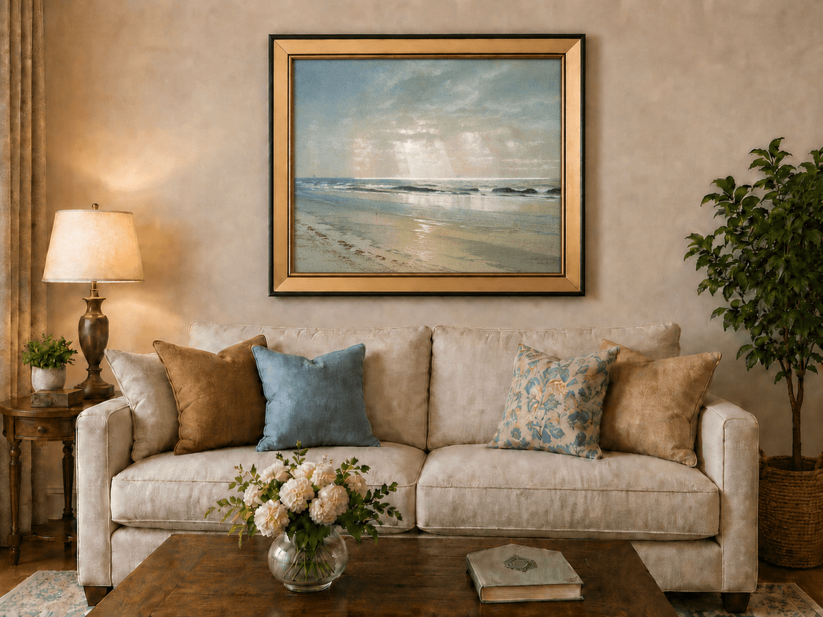 Landscape Oil Painting - Beach, Gentle Waves, Soft Sky & Distant