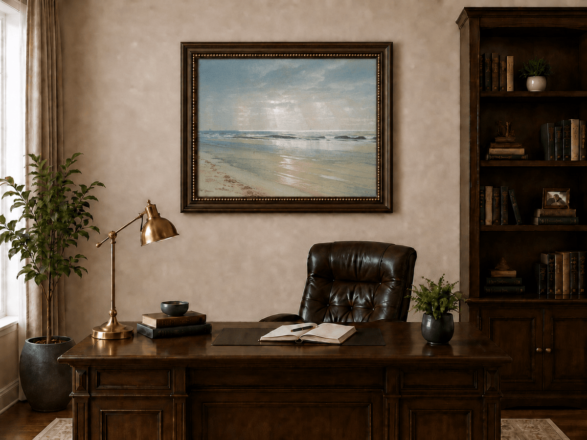 Landscape Oil Painting - Beach, Gentle Waves, Soft Sky & Distant