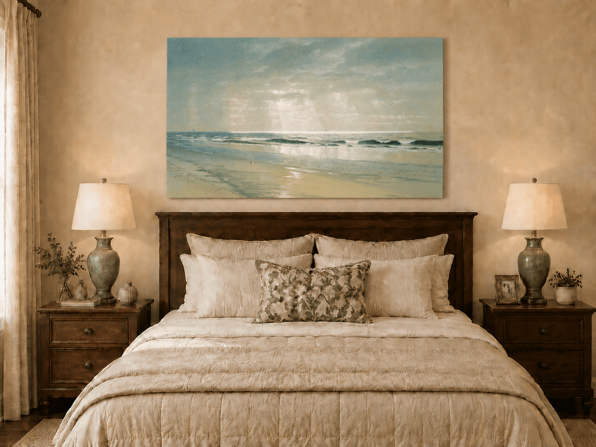 Landscape Oil Painting - Beach, Gentle Waves, Soft Sky & Distant