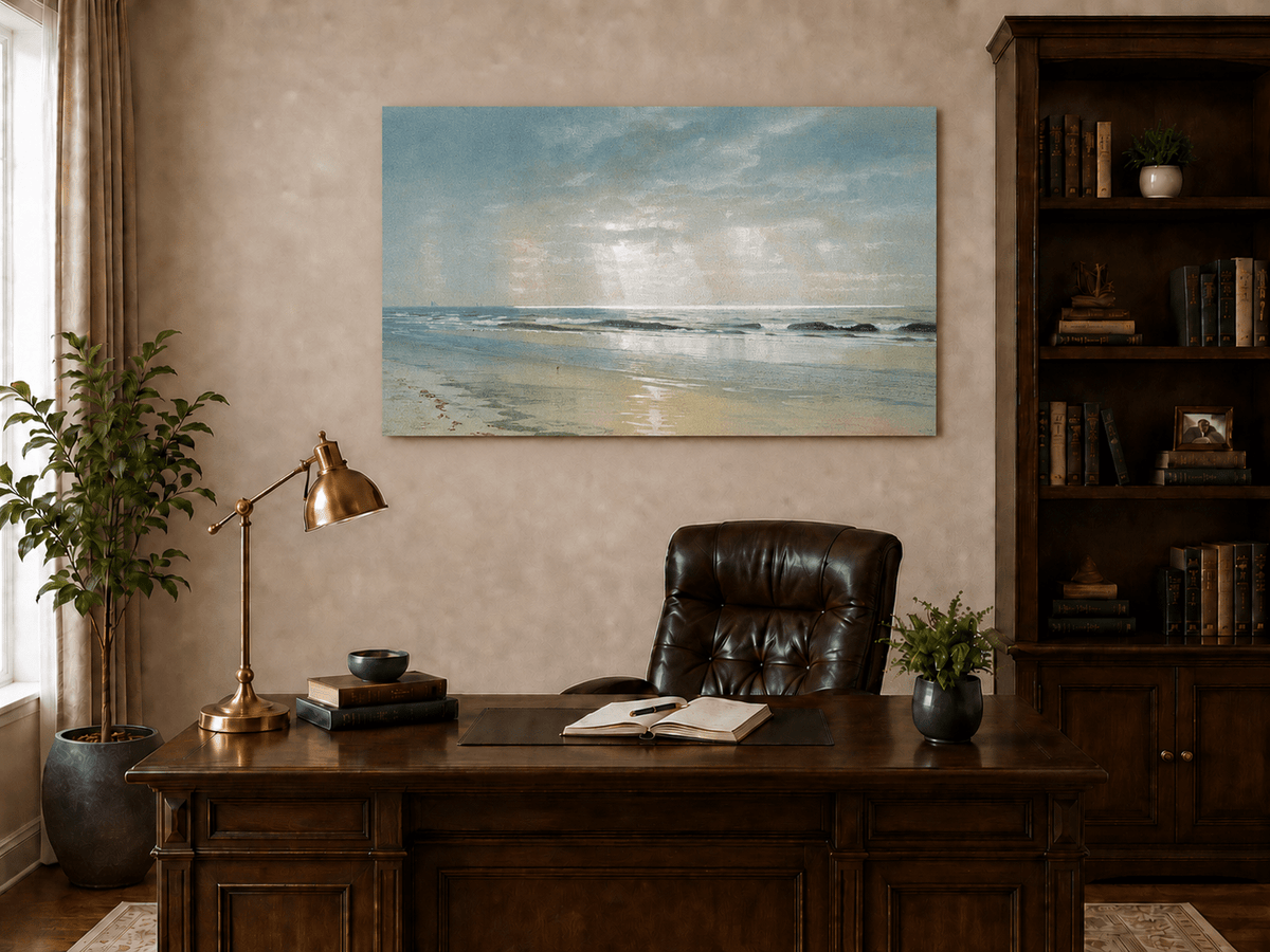 Landscape Oil Painting - Beach, Gentle Waves, Soft Sky & Distant