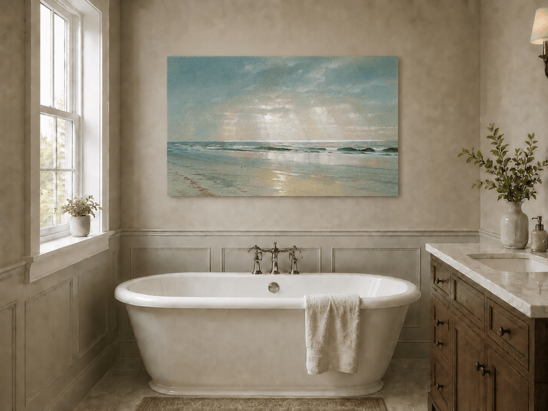 Landscape Oil Painting - Beach, Gentle Waves, Soft Sky & Distant