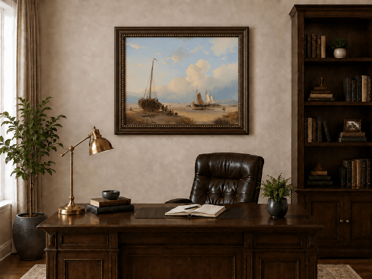 Landschaftsgemälde in Öl – Strand mit Booten, Figuren und Himmel