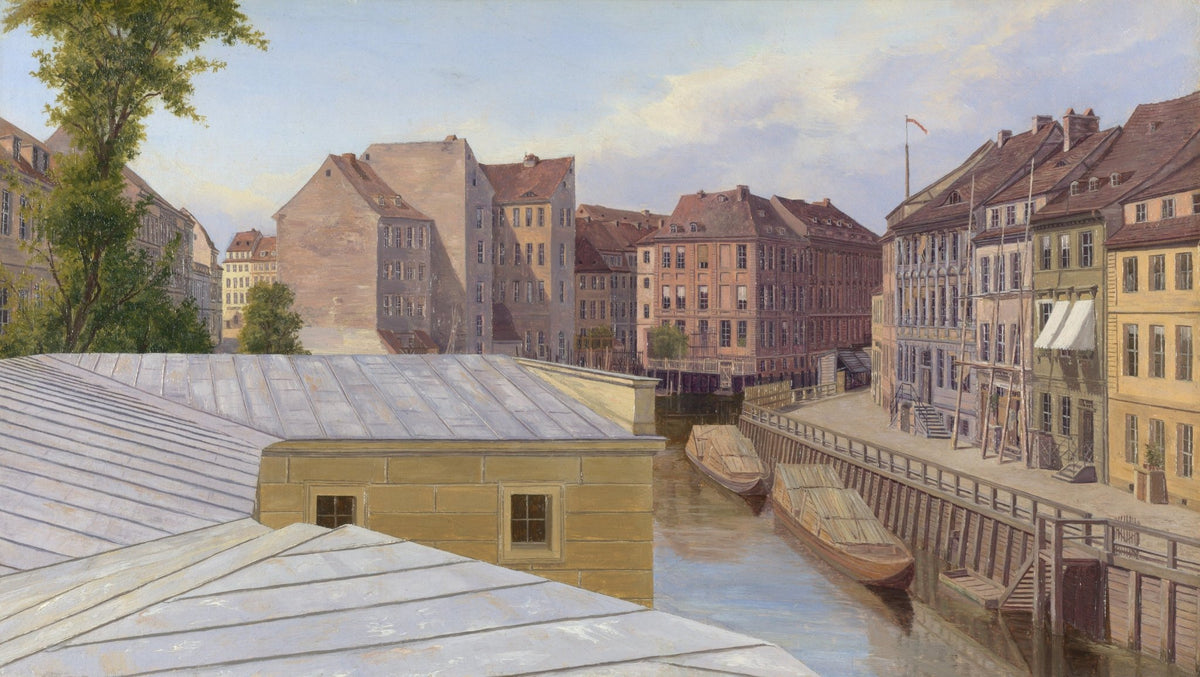 Landscape oil painting of Berlin canal cityscape with boats, textured brushwork, oil on canvas, hand painted oil painting. - Add Frame, Architecture, Boat, Canal, Canvas, Hand Painted, Landscape, Made To Order, Oil Painting, Venice