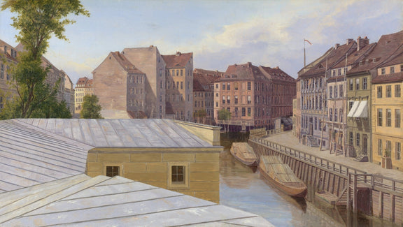 Landscape oil painting of Berlin canal cityscape with boats, textured brushwork, oil on canvas, hand painted oil painting. - Add Frame, Architecture, Boat, Canal, Canvas, Hand Painted, Landscape, Made To Order, Oil Painting, Venice
