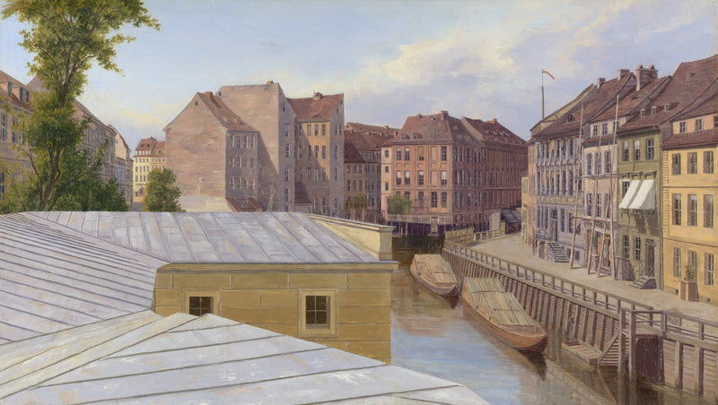 Landscape oil painting of Berlin canal cityscape with boats, textured brushwork, oil on canvas, hand painted oil painting. - Add Frame, Architecture, Boat, Canal, Canvas, Hand Painted, Landscape, Made To Order, Oil Painting, Venice