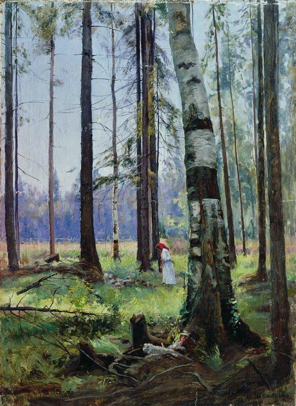 Hand-painted birch forest scene with lone figure landscape oil painting on canvas