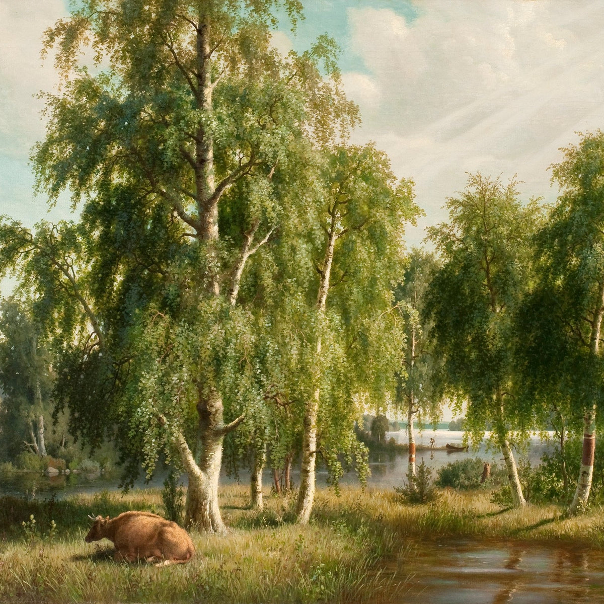 Hand-painted birch grove by river with grazing cows landscape oil painting on canvas