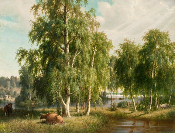 Hand-painted birch grove by river with grazing cows landscape oil painting on canvas