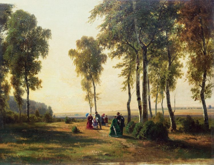 Hand-painted birch grove with elegant figures landscape oil painting on canvas