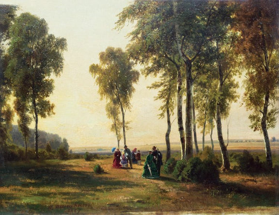 Hand-painted birch grove with elegant figures landscape oil painting on canvas
