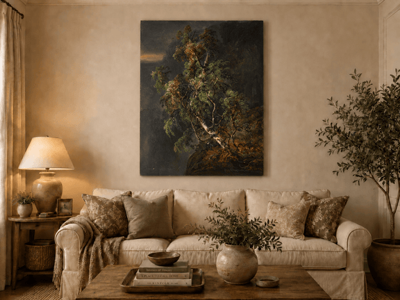 Birch tree forest hand-painted oil artwork displayed in a second interior view.