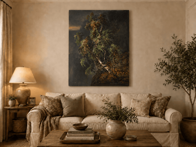 Birch tree forest hand-painted oil artwork displayed in a second interior view.