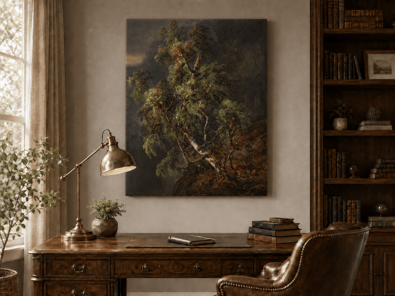 Interior wall art view featuring a birch tree in a stormy forest oil painting.