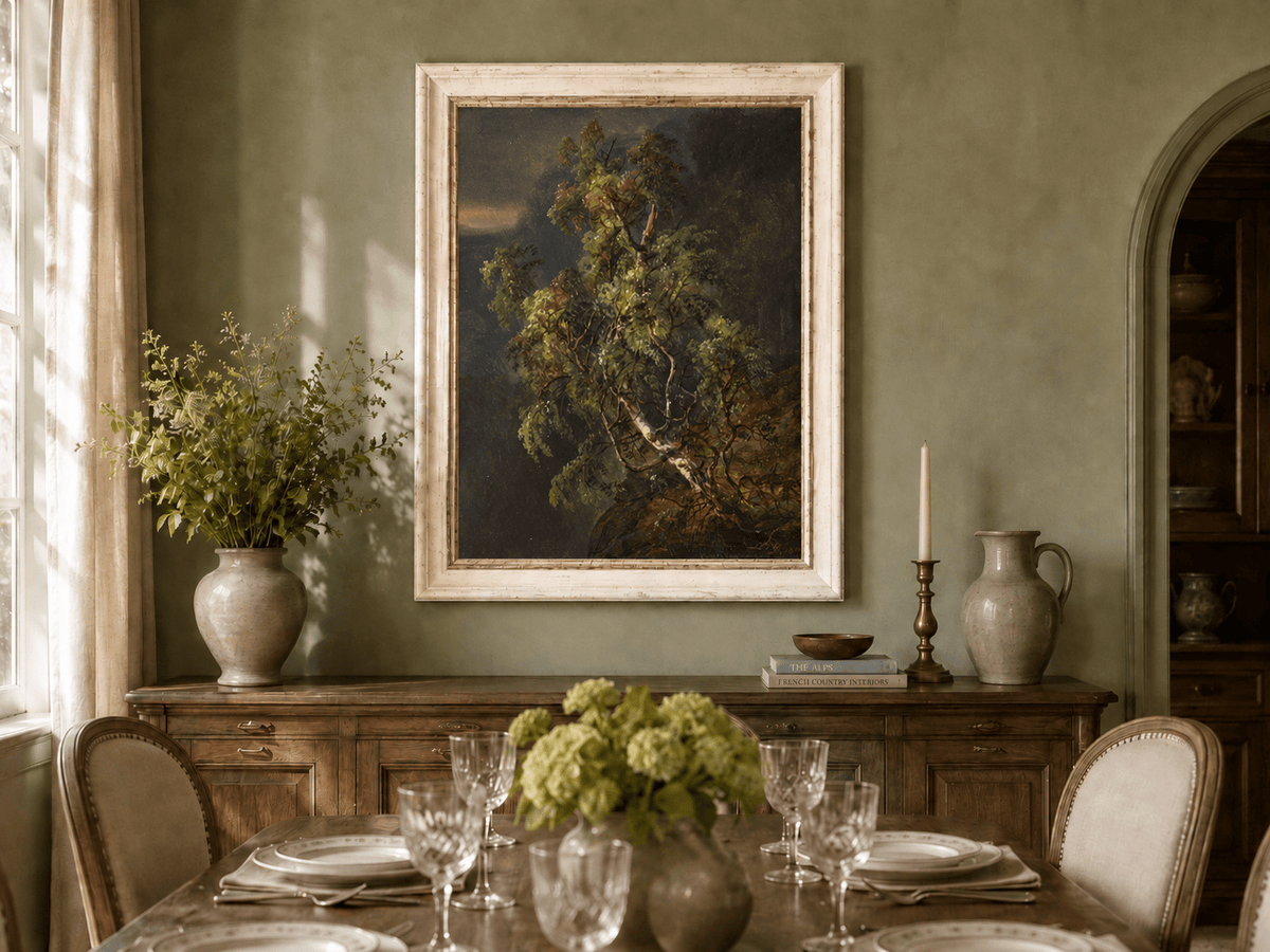 Birch tree and dark forest oil landscape artwork shown in a styled home interior.