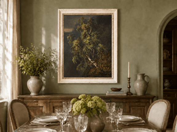 Birch tree and dark forest oil landscape artwork shown in a styled home interior.