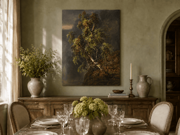 Hand-painted birch tree and stormy forest landscape artwork in an interior display.