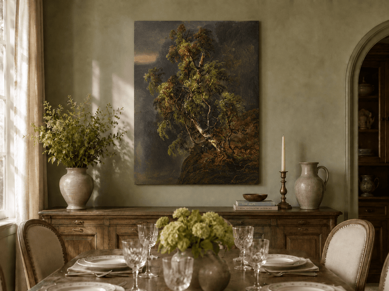 Hand-painted birch tree and stormy forest landscape artwork in an interior display.
