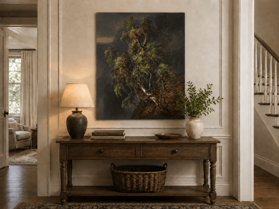 Stormy birch forest landscape painting shown as decorative oil wall art.