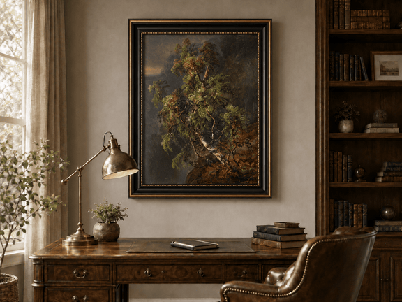 Stormy forest with birch tree landscape oil painting presented in an interior wall art mockup.