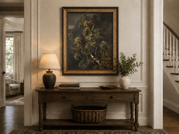 Birch tree and stormy forest hand-painted oil artwork shown as home wall decor.