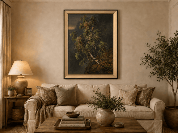 Birch tree in a stormy forest landscape oil painting displayed in a styled home interior.