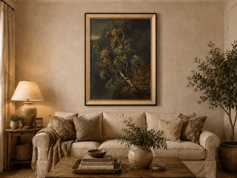 Birch tree in a stormy forest landscape oil painting displayed in a styled home interior.