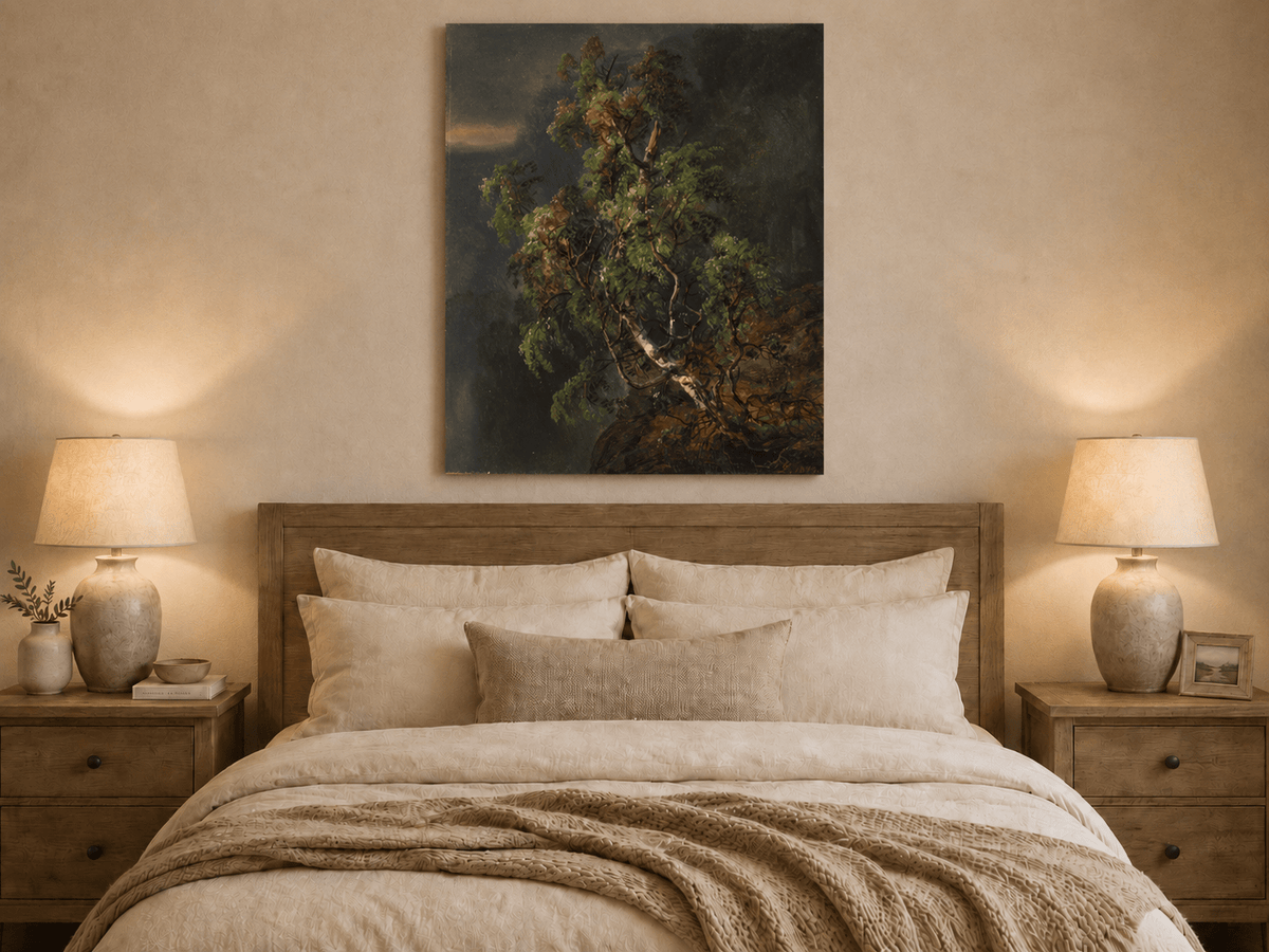 Stormy birch forest oil painting displayed as landscape wall decor.
