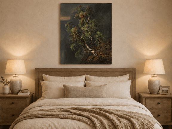 Stormy birch forest oil painting displayed as landscape wall decor.