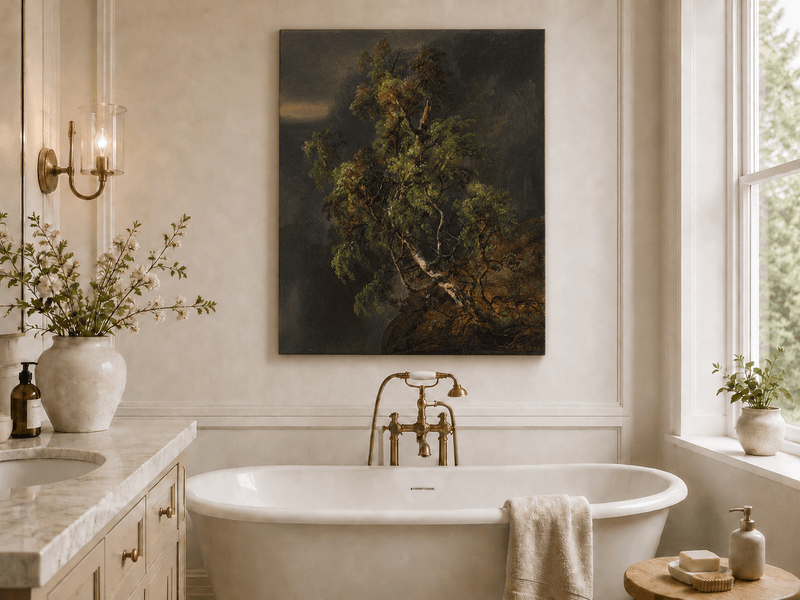 Birch tree in a stormy forest landscape oil painting presented as styled home decor.