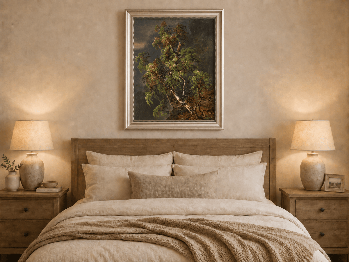 Hand-painted birch tree in a stormy forest displayed as decorative wall art.