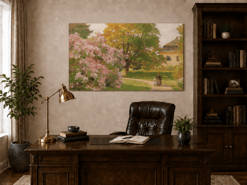Landscape Oil Painting - Blooming Garden Path and Cottage Scene
