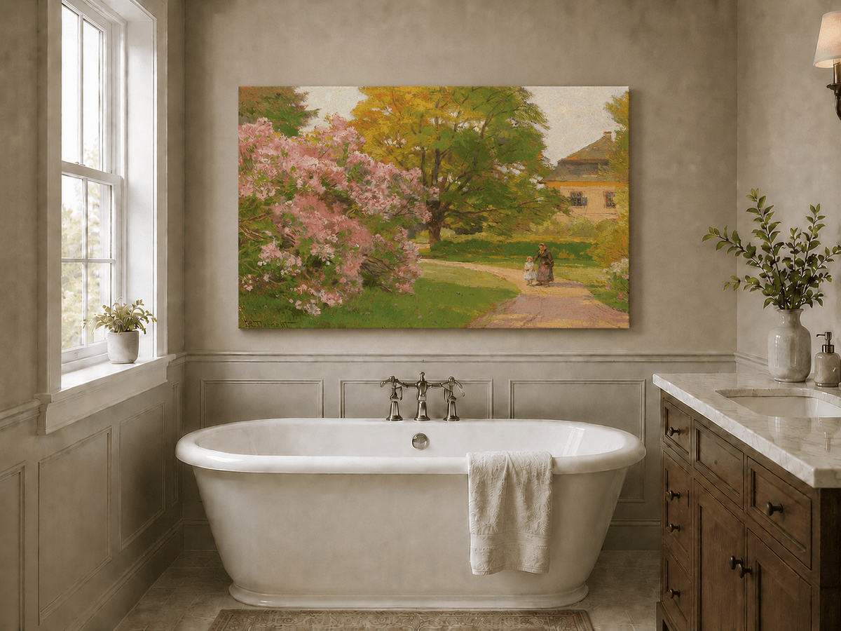 Landscape Oil Painting - Blooming Garden Path and Cottage Scene