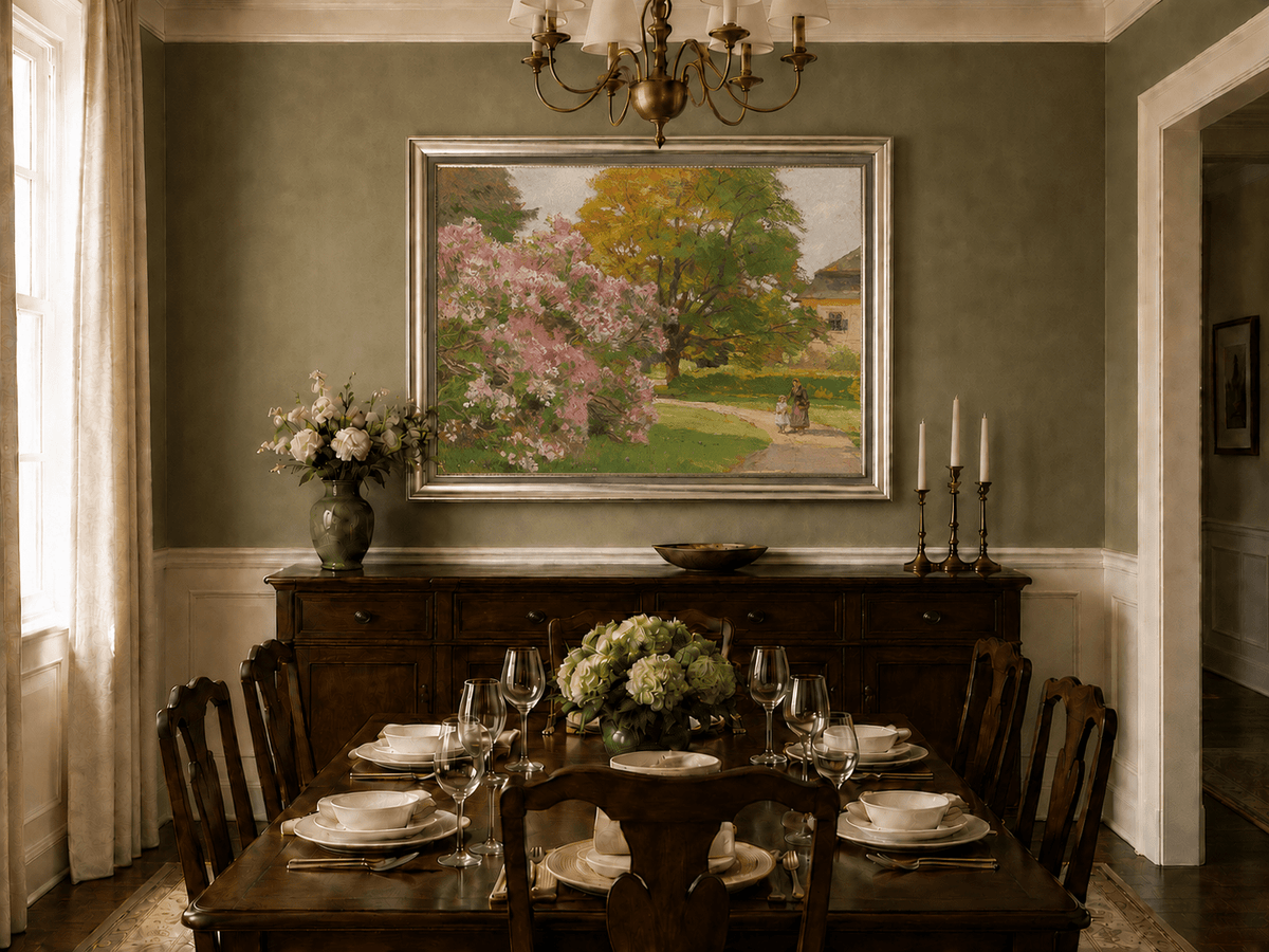 Landscape Oil Painting - Blooming Garden Path and Cottage Scene