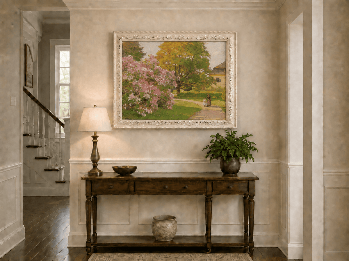 Landscape Oil Painting - Blooming Garden Path and Cottage Scene
